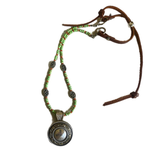 Handmade Salmon Coral Necklace Southwestern Silver Medallion Green Beaded Leathe